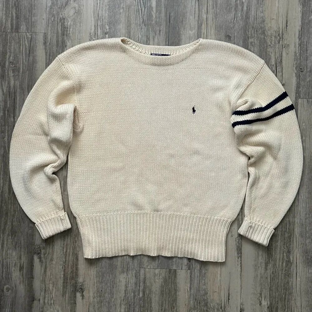 Vintage 90s Polo Ralph Lauren 100% Cotton Striped Knit Sweater Size M